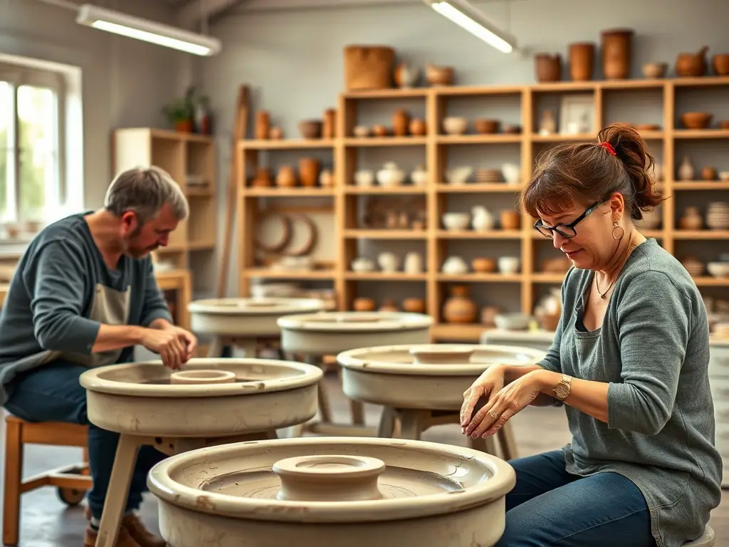 A vibrant photograph capturing a pottery class in session, with participants of various ages focused on their creations, showcasing the artistic programs offered by FOYER RURAL DE DAUPHIN.