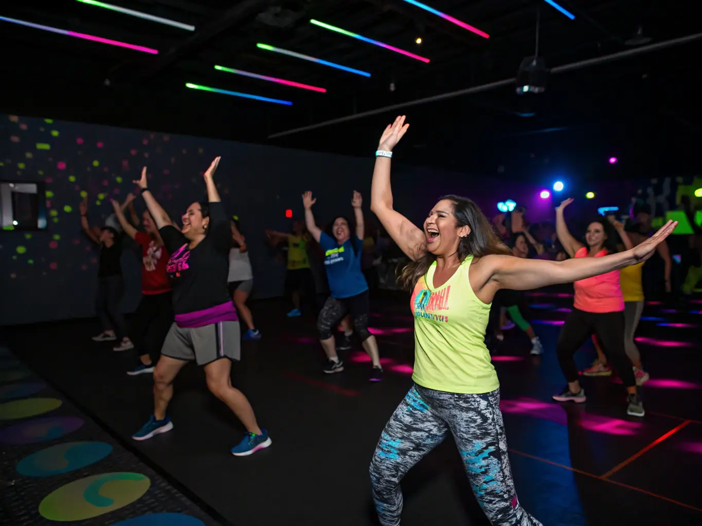 A dynamic image of a group participating in a Zumba class, highlighting the fitness and recreational programs available at FOYER RURAL DE DAUPHIN.