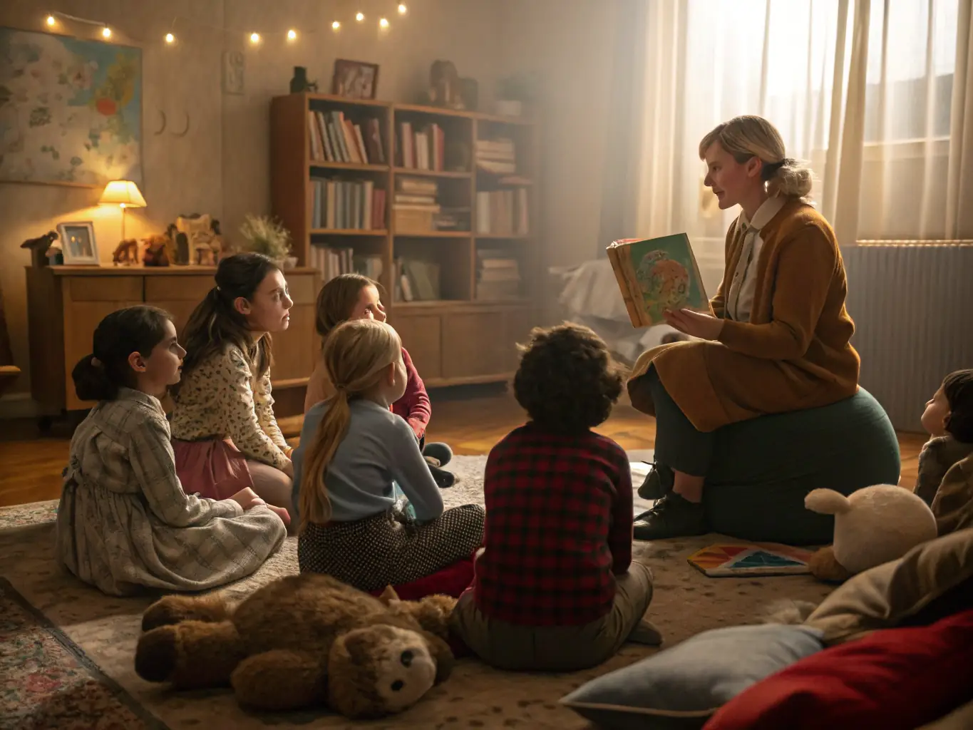 A captivating photo of children engaged in a storytelling session at the community center, emphasizing the educational and cultural programs for youth at FOYER RURAL DE DAUPHIN.